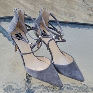White House Black Market Gray Suede Strappy Pointed-Toe Heels